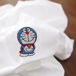 Summer Pure Cotton T-Shirt Unisex Sweat-Absorbent Breathable Top Embroidered Doraemon Round Neck Short Sleeve Parent-Child Couple Loose Fit Student