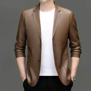 
2025 New Men's Lapel Leather Coat Business Formal Men's Jacket Spring and Autumn Fashion Casual Warm Leather Jacket