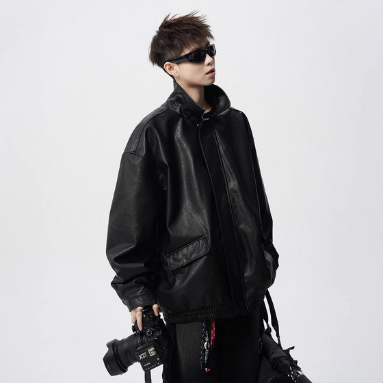 
American high street motorcycle leather jacket for men in spring heavy retro lapel leather jacket cleanfit versatile couple coat