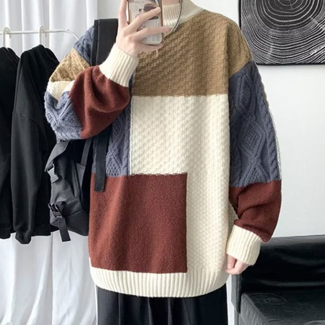 Sweater boys autumn and winter tide insp color stitching sweater trend ...