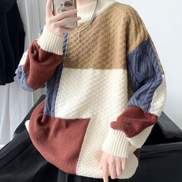 Sweater boys autumn and winter trendy ins contrasting color stitching ...