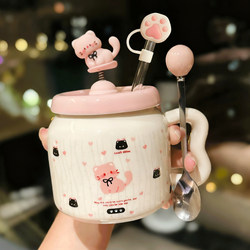 Cute Cartoon Kitten Ceramic Mug with Lid and Spoon, Practical Coffee Cup for Girls in the Office, Birthday Gift