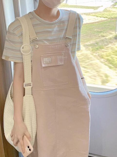 Fat mm pear-shaped body pink strap skirt large size loose and slim Japanese style belly-covering and age-reducing mid-length dress