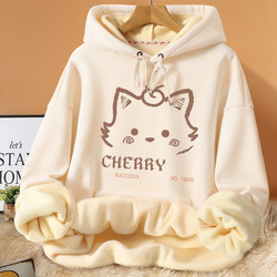 2025 New Autumn and Winter Fleece-Lined Thick Pullover Jacket for Junior High School Students, Hooded Regular Shoulder Sweatshirt for Women