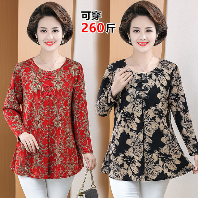 New style of middle-aged and elderly women's spring and autumn clothing belly covering bottom shirt mother plus fat plus large size long-sleeved T-shirt special body top