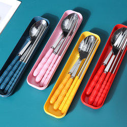 Tableware Set: Chopsticks, Spoon, and Fork; Portable for Students and Office Workers; Cute Stainless Steel Three-Piece Set for One Person