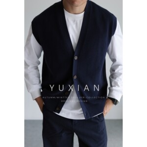 YUXIAN Autumn and Winter American V-neck Pure Cotton Stretch Knitted Vest Retro Vest Casual Business Base Men