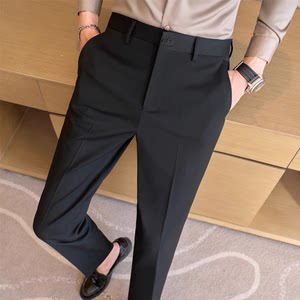 Black trousers for men, autumn and winter velvet nine-point trousers, slim-fitting trousers, no-iron, anti-wrinkle, casual formal suit trousers