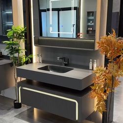 Simple Modern Seamless Integrated Slate Basin Washstand, Light Luxury Bathroom Sink and Vanity Cabinet Set
