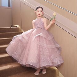 Girls' Dress, Light Luxury, Niche, High-End Children's Princess Dress, Pink Hostess Flower Girl Piano Performance Dress, Summer