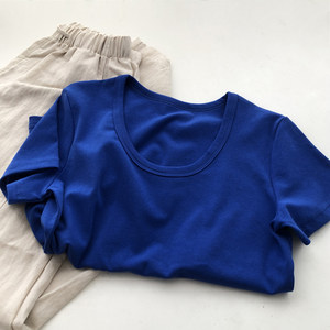
Super white! U-neck Klein blue short-sleeved tee women's all-match slimming cotton T-shirt summer bottoming shirt top