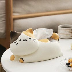 Cute Tail-Wagging Calico Cat Ceramic Tissue Box Living Room Napkin Storage Box Coffee Table Desktop Creative Decorative Ornament