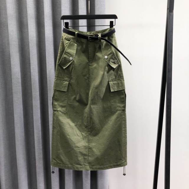 Military green high-waist denim skirt for women in spring and summer 2025 fashionable loose casual and versatile A-line work dress
