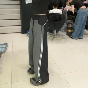 Casual pants 2026 new spring and summer three-stripe retro splicing trousers slimming loose sports pants women's wide legs