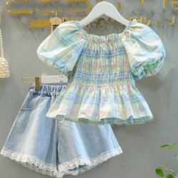 Girls Summer Puff Sleeve Shirt 2024 New Children's Plaid Baby Shirt Two-piece Set of Large Children's Denim Shorts