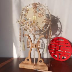 Champagne-Colored Round Fan Bride Wedding DIY Material Kit Handmade Wedding Fan Xiuhe Suit Wedding High-End Face-Covering Fan