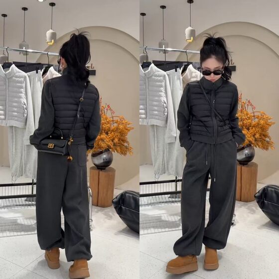 
European hot-selling spare ribs down cotton jacket wide-leg pants suit autumn and winter plus velvet thickening casual slimming two-piece set for women