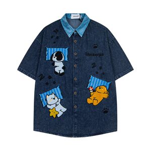 
chaonime fun cartoon towel embroidered denim short-sleeved shirt for men and women summer contrast collar loose and versatile shirt