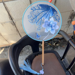 Jin Chen's Same Style Blue and White Porcelain Embroidered Traditional Round Fan for Dance, Double-Sided Embroidery Round Fan for Children's Hanfu Dance