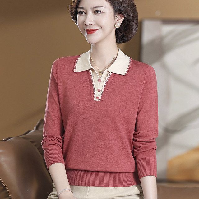 
Mom autumn lapel sweater T-shirt top fashionable middle-aged and elderly women's long-sleeved thin sweater base shirt