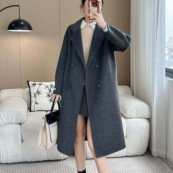 High-end gray double-sided wool coat for women long 2025 new Korean style double-breasted knee-length woolen coat