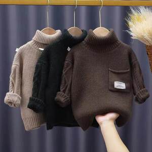 
2024 autumn and winter boys sweaters children's turtleneck pullover sweater long-sleeved bottoming jacket plus velvet thickened knitted sweater