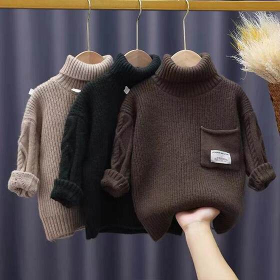 
2024 autumn and winter boys sweaters children's turtleneck pullover sweater long-sleeved bottoming jacket plus velvet thickened knitted sweater