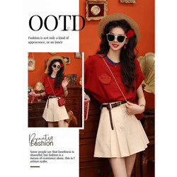 Very Stylish Summer Outfit Hong Kong Style Retro Color-Blocking Regular Shoulder Short-Sleeve T-Shirt Top High-Waisted A-Line Shorts Two-Piece Set