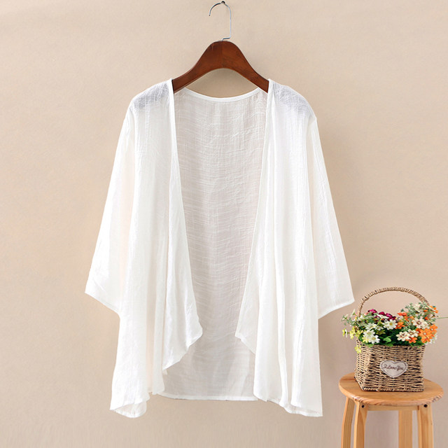 Cotton and linen cardigan women's thin section small shawl summer with ...