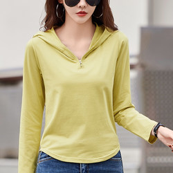 2026 New Style Pure Cotton Slim Fit Short White Hooded Long-Sleeve T-Shirt for Women, Stylish Sports Hoodie