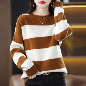
Striped sweater for women in autumn and winter new round neck versatile loose slim pullover knitted inner long-sleeved base shirt top