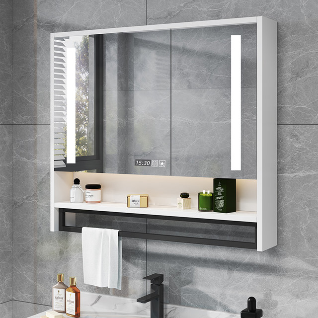 Solid wood smart bathroom mirror cabinet with light defogging toilet ...