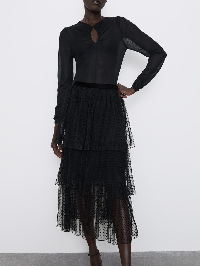 zara 圆波点薄纱黑色长裙