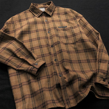 Spring and Autumn Plaid Shirt Men's Vintage Brushed Brown American Style Shirt Jacket Men's Brown Boys' Plaid Shirt Inside
