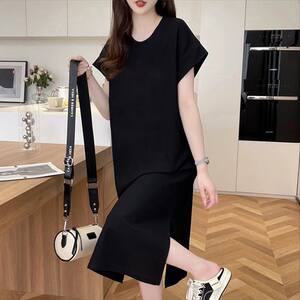 
Korean-style flying sleeves large size dress loose casual and versatile slit knee-length lazy long dress 2025 summer new style