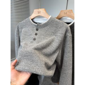 
Fake two-piece sweatshirt men's velvet thickened winter new youth Henry collar knitted sweater men's casual inner wear trend