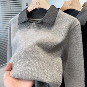 
Chenille fake two-piece shirt collar sweater men's velvet thickened winter youth solid color sweater men's inner wear