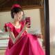 Temperament Rose Red Small Flying Sleeves Square Neck Dress Women's Summer Loose Slim Long Skirt Sweet Seaside Skirt