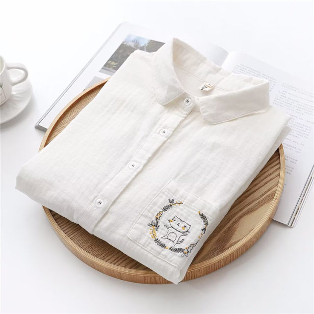 Small fresh cartoon cat embroidered double-layer cotton gauze long-sleeved white shirt for women in spring and autumn new loose casual shirt top