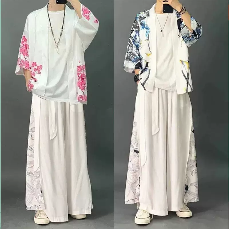 三件套道袍男士中國風冰絲套裝潮流改良漢服夏季唐裝古風古裝衣服-Taobao