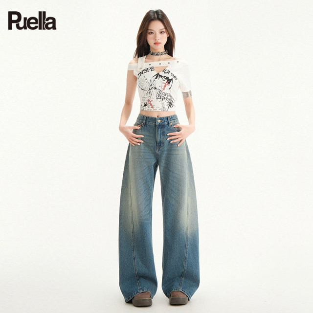 La Chapelle Puella 2025 summer new retro wash floor jeans loose and slim straight trousers