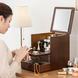 Cosmetic Storage Box, Wooden Dressing Table, Skin Care Product Storage Rack, Large Capacity Desktop, Household Dust-Proof Mirror Integrated