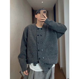 
dannyandzee spring retro versatile round neck black and gray solid color double-breasted knitted cardigan sweater jacket for men