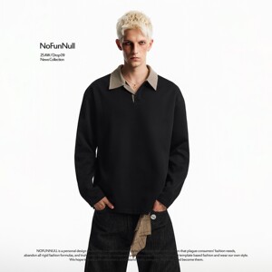 
NOFUNNULL houndstooth lapel spliced long-sleeved T-shirt men's autumn American cleanfit high-quality polo shirt top