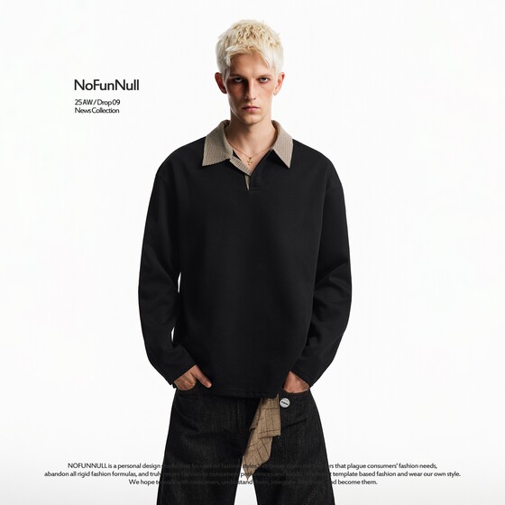 
NOFUNNULL houndstooth lapel spliced long-sleeved T-shirt men's autumn American cleanfit high-quality polo shirt top