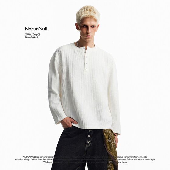 
NOFUNNULL spring old money style Henry collar long-sleeved T-shirt men's striped sweater textured bottoming top trendy