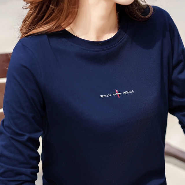 Spring and autumn pure cotton long-sleeved T-shirt for women, large size loose embroidered inner top, autumn clothes, middle-aged mother's cotton bottoming shirt