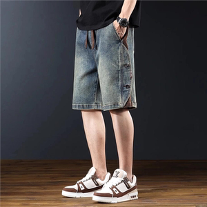 
High-end trendy brand retro denim shorts men's summer new loose straight cut pants trendy casual mid-pants men's clothing