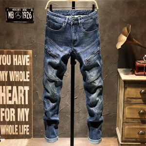 
Autumn and winter high-end European and American splicing zipper motorcycle style jeans for men slim fit small feet elastic trendy brand men's new style