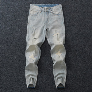 
Autumn and winter original high-end ripped jeans for men, light blue, retro, nostalgic, slim feet, stretchy, trendy brand personality